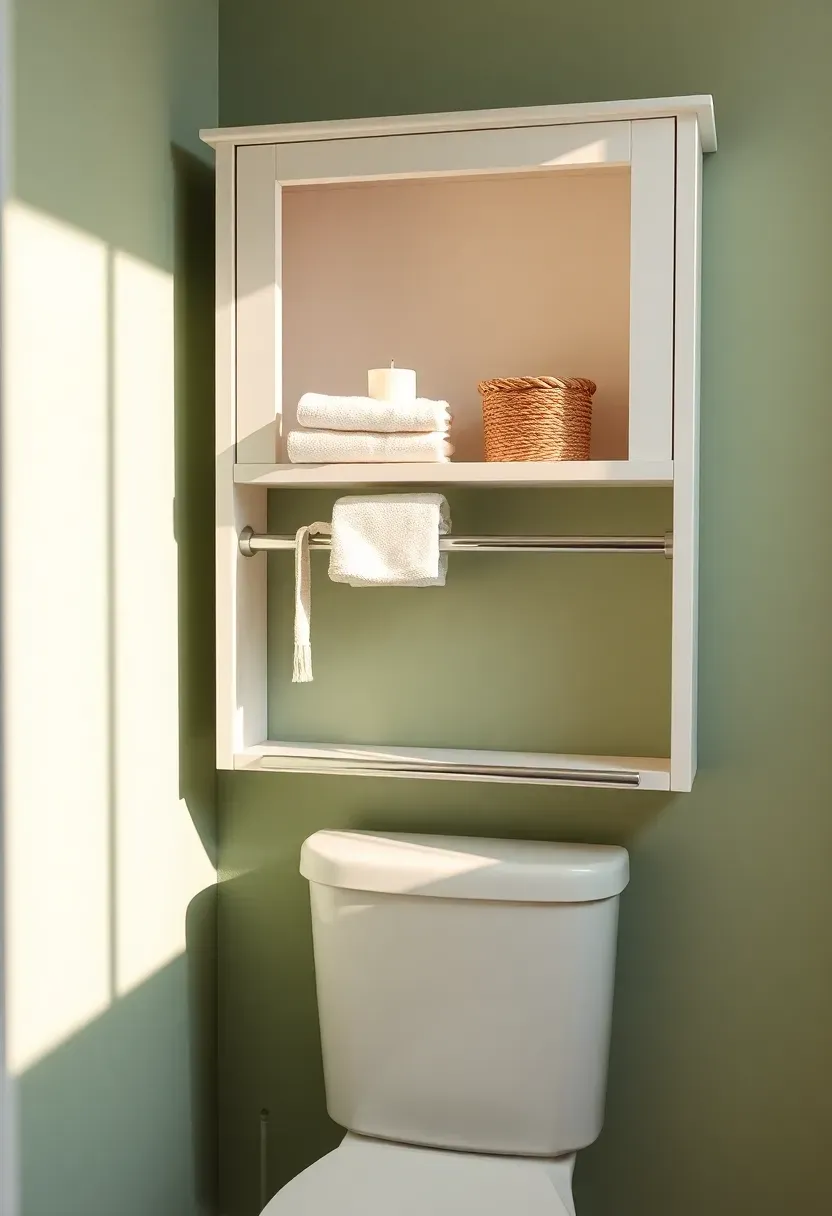 Slim white over-toilet bathroom cabinet with two shelves and a towel bar mounted on a sage green wall