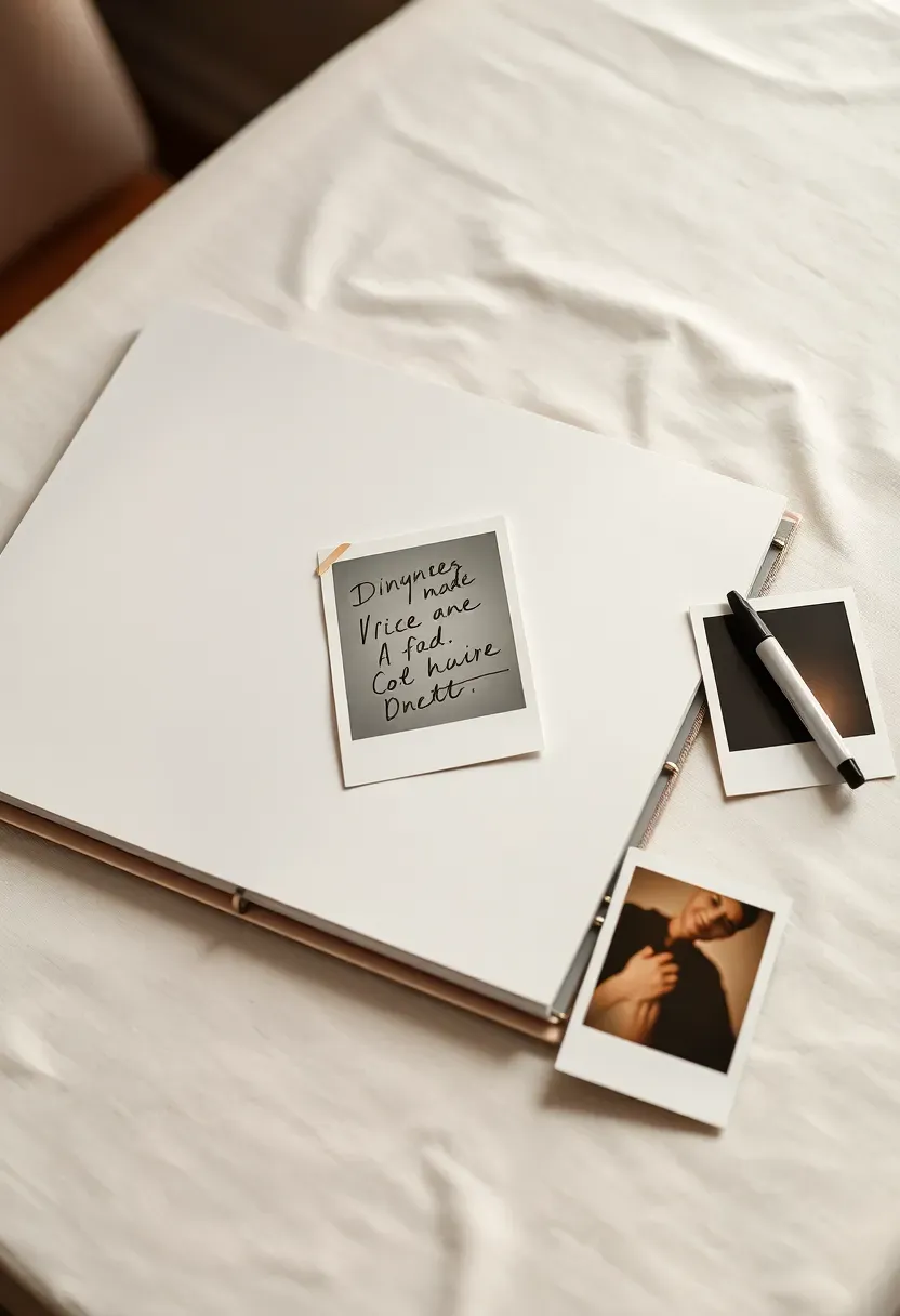 polaroid photo guest book at a baby shower with instant photos clipped to a string beside a binder with photo sleeves where guests attach their polaroid and write a message beside it