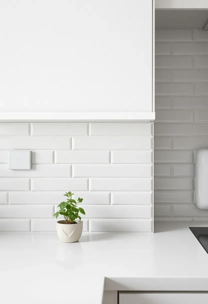 white painted aluminum J-channel trim on light gray subway tile backsplash in simple contemporary apartment kitchen
