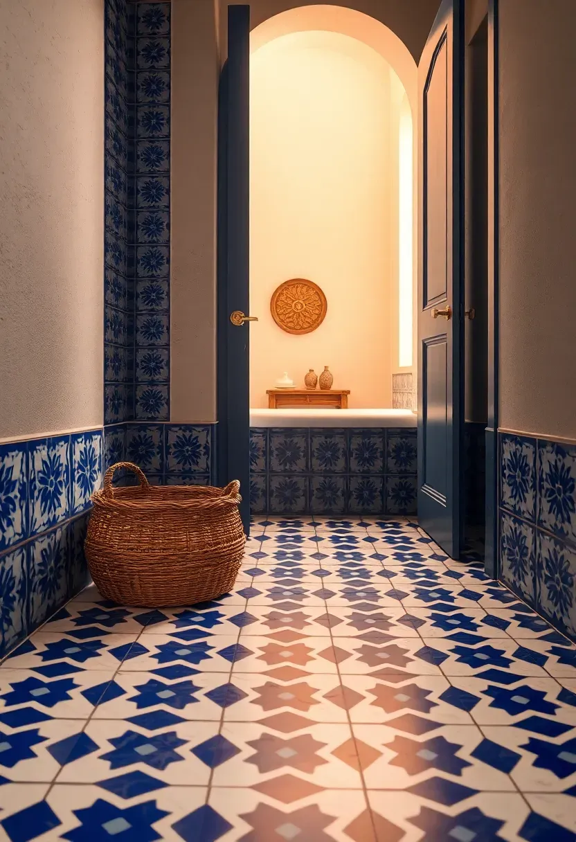 Moroccan star and cross pattern tile floor in blue and white in a bohemian style bathroom with arched doorway
