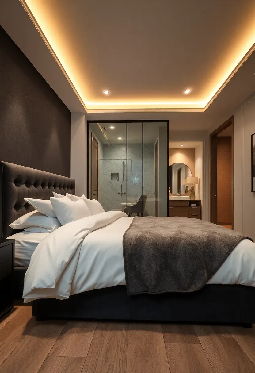Luxurious basement primary bedroom suite with a king bed, soft recessed lighting, and an ensuite bathroom visible through a glass partition