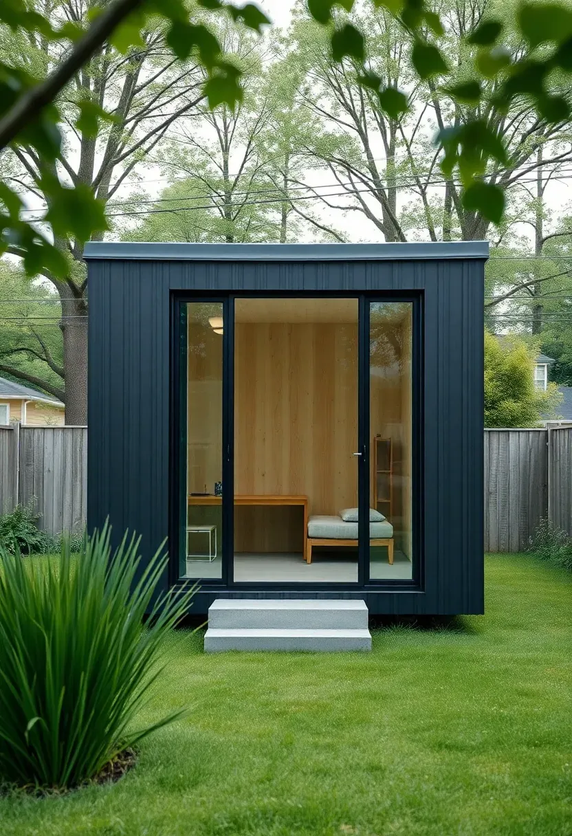 Small modern prefab studio pod in a backyard with flat roof, floor-to-ceiling glass front wall, and a minimalist interior visible through the glass