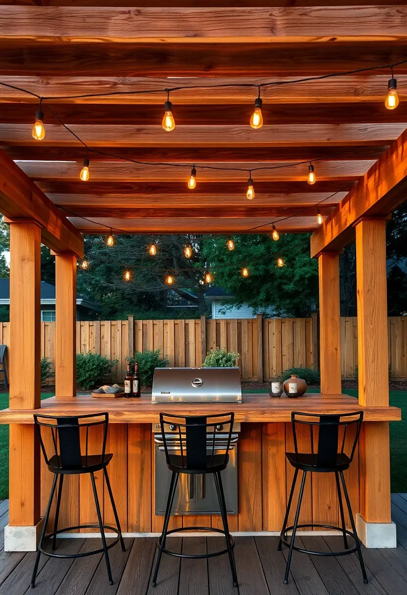 Cedar pergola covering a backyard grill area with hanging Edison bulb string lights, stainless steel grill, and bar stools along a wooden counter