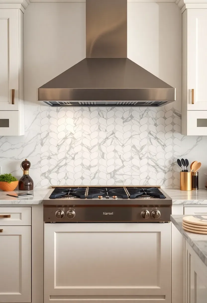 white marble herringbone backsplash behind stove with Calacatta veining and polished nickel range hood and fixtures
