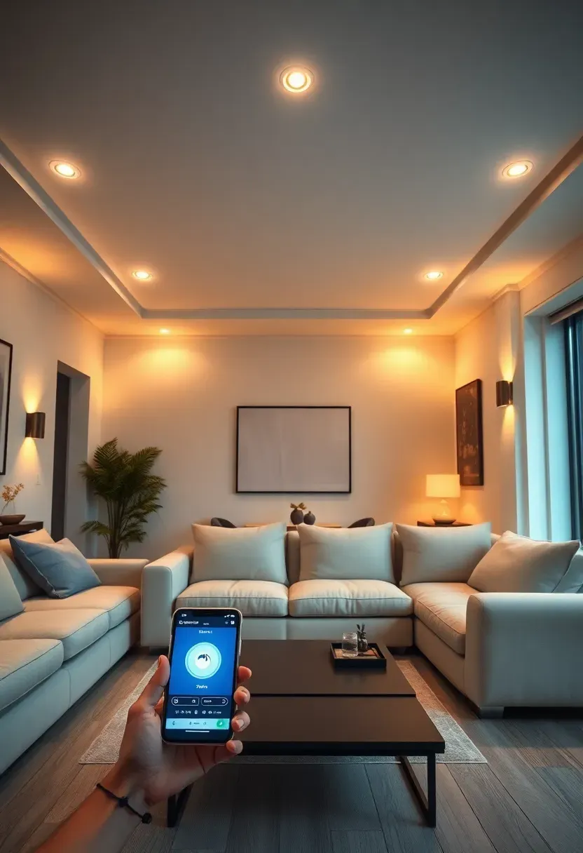 Hyper-realistic 3/4 view of minimalist living room with smart tunable lighting. Recessed ceiling fixtures and wall sconces throughout room casting warm 2700K glow creating cozy evening ambiance. Smartphone visible on coffee table showing lighting control app interface. Cream linen sofa, light wood floor, white walls. Multiple light layers at different heights creating depth. Clean minimalist fixtures with smart capability. Materials: LED fixtures with tunable modules, smart control. Flexible adaptability. Shallow depth of field, sharp details on light warmth and room ambiance. No text, no logos, no watermarks.</p>