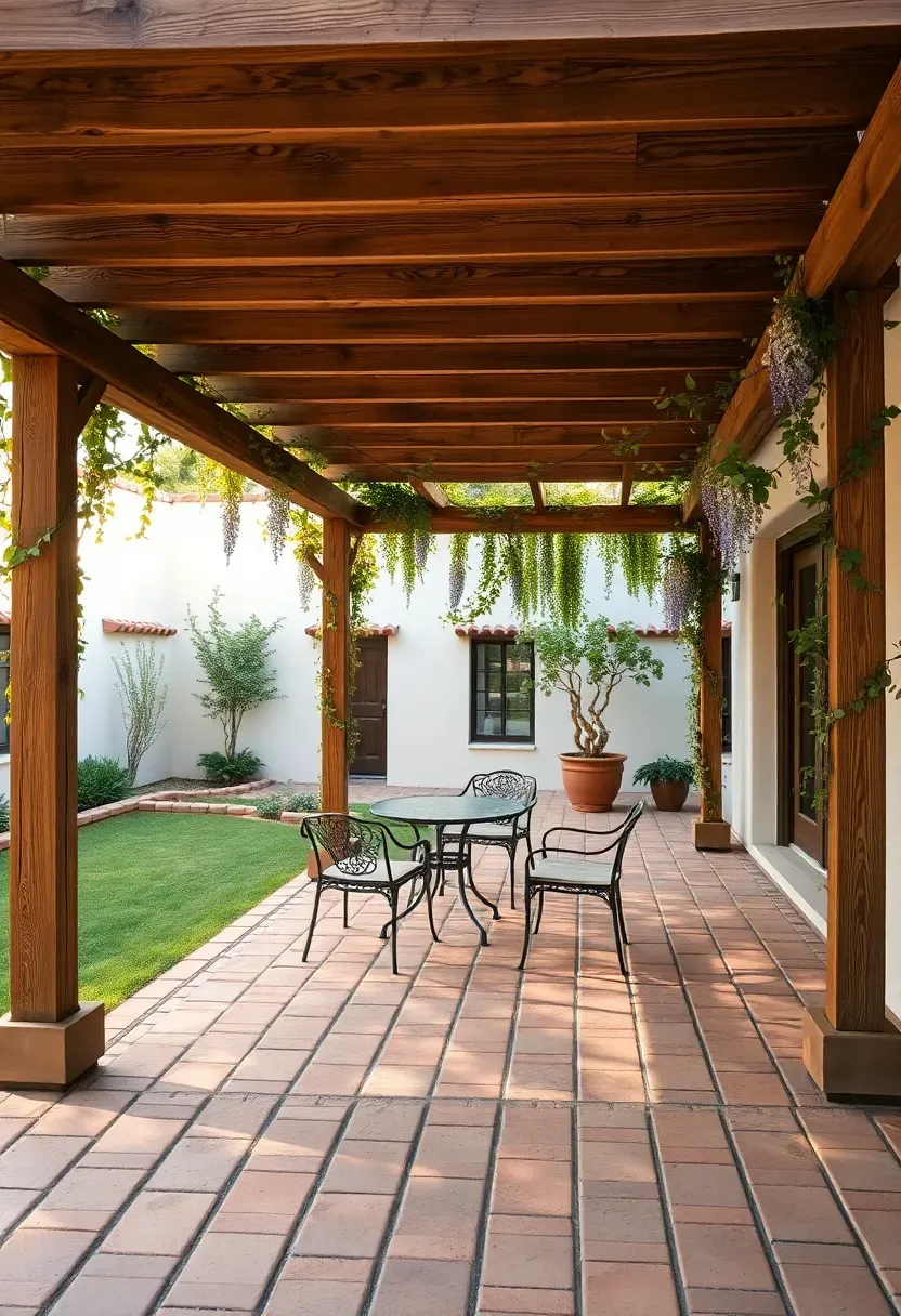 A wooden pergola with climbing vines over a paver base surrounded by an open turf courtyard enclosed by low garden walls in a Mediterranean-style backyard