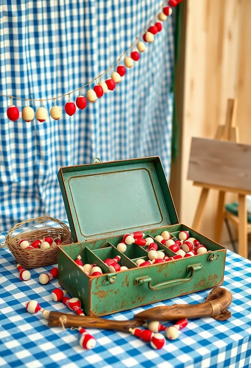 fishing themed baby shower with blue gingham tablecloths, bobber garlands, tackle box centerpieces filled with candy, fishing net drapery, and a gone fishing welcome sign