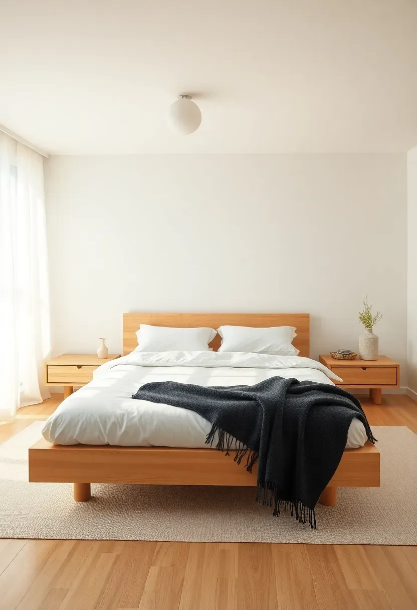 Japandi bedroom with warm white walls and oak furniture
