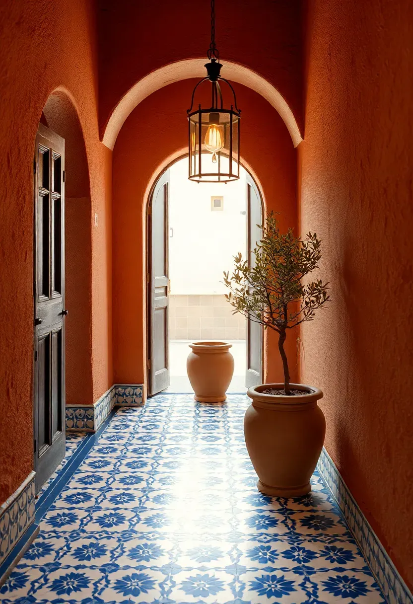 Mediterranean entryway with hand-painted encaustic floor tiles, terracotta walls, an arched doorway, wrought-iron lantern, and potted olive tree