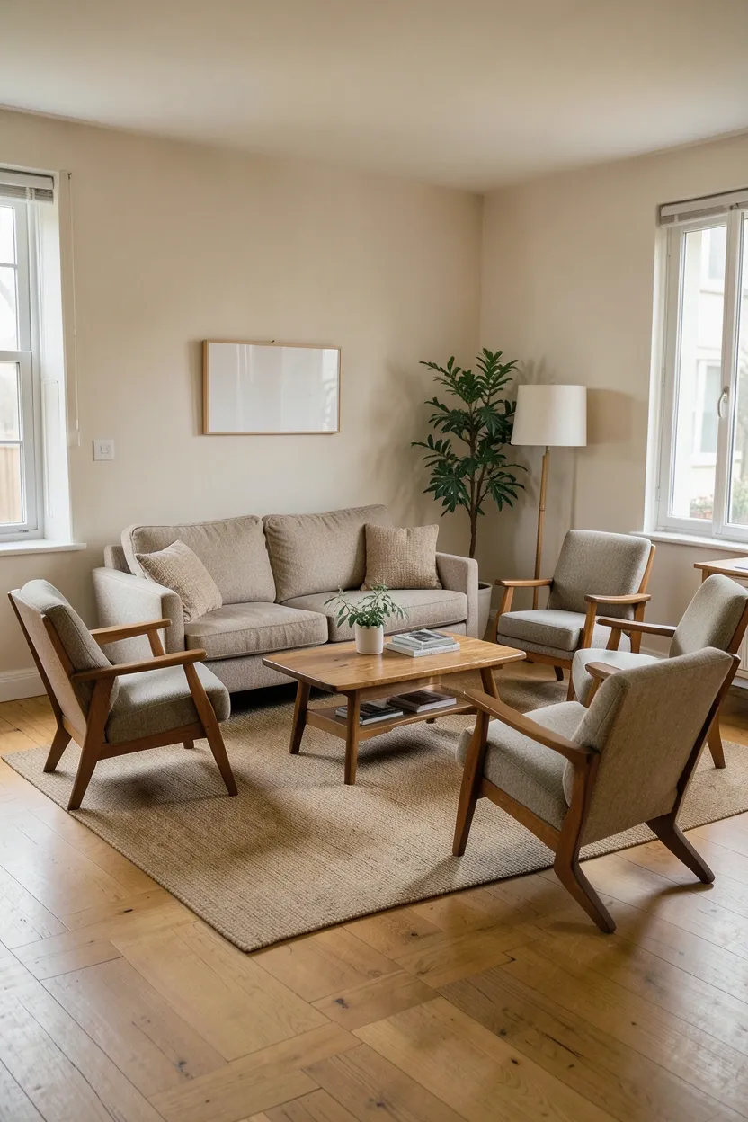 Comfortable vintage Scandinavian seating arrangement with mid-century sofa, two armchairs, and teak coffee table in warm neutral living room