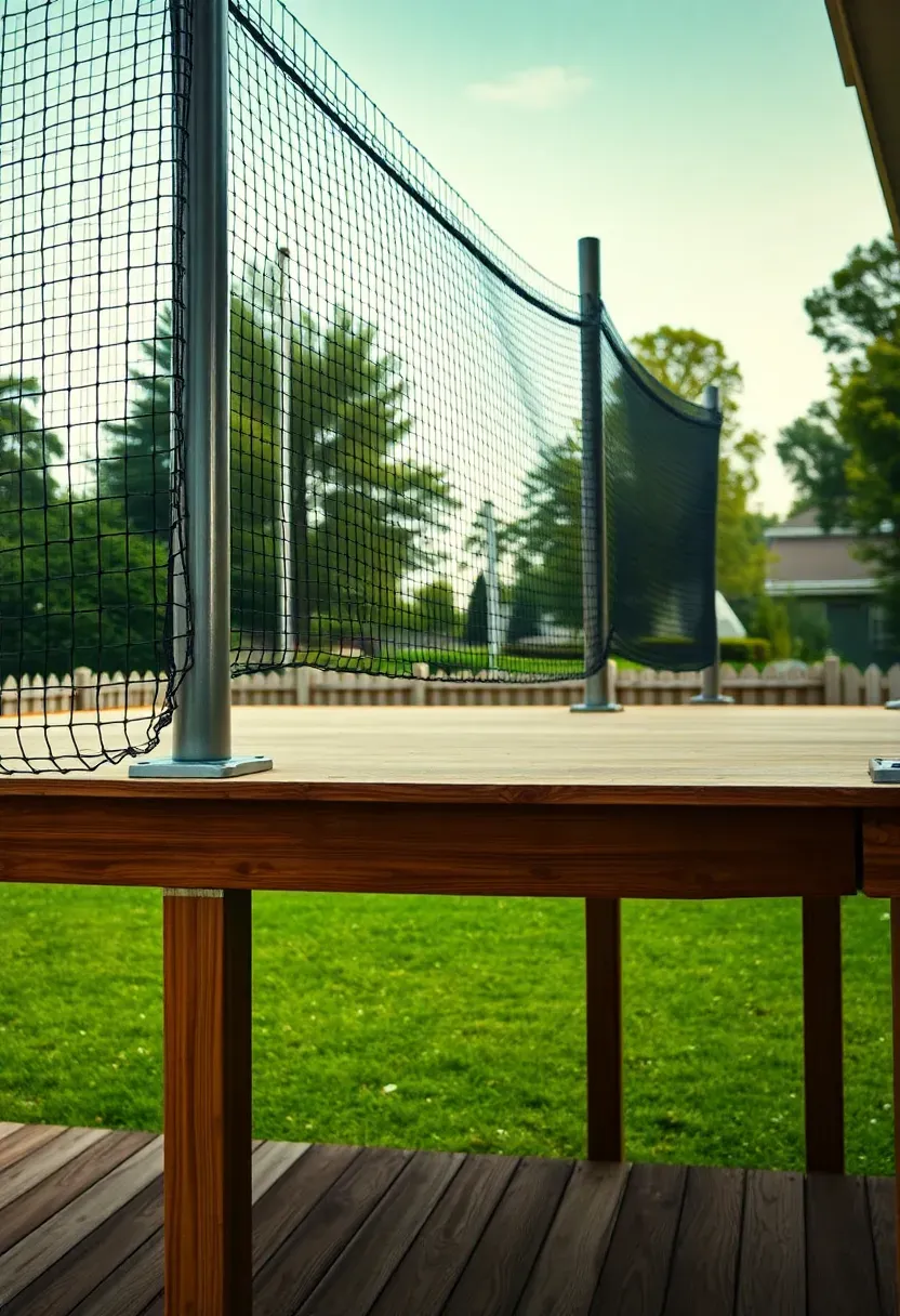 elevated deck platform batting cage in backyard with safety netting