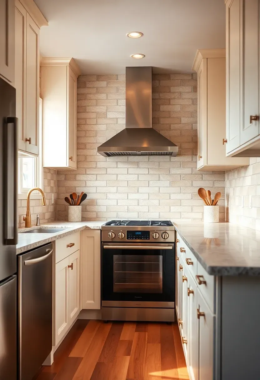Hyper-realistic 3/4 view of a neutral kitchen featuring warm beige subway tile backsplash in herringbone pattern with warm gray grout. Materials: cream cabinets, warm beige ceramic tile 3x6 inches, brass hardware, warm quartz countertops with subtle beige veining, medium wood floor. Soft natural light from window, warm under-cabinet lighting creating depth. Visible range hood and subway tile continuing to ceiling. Cozy timeless mood. Shallow depth of field showing tile texture, sharp details on grout lines. No text, no logos, no watermarks.</p>