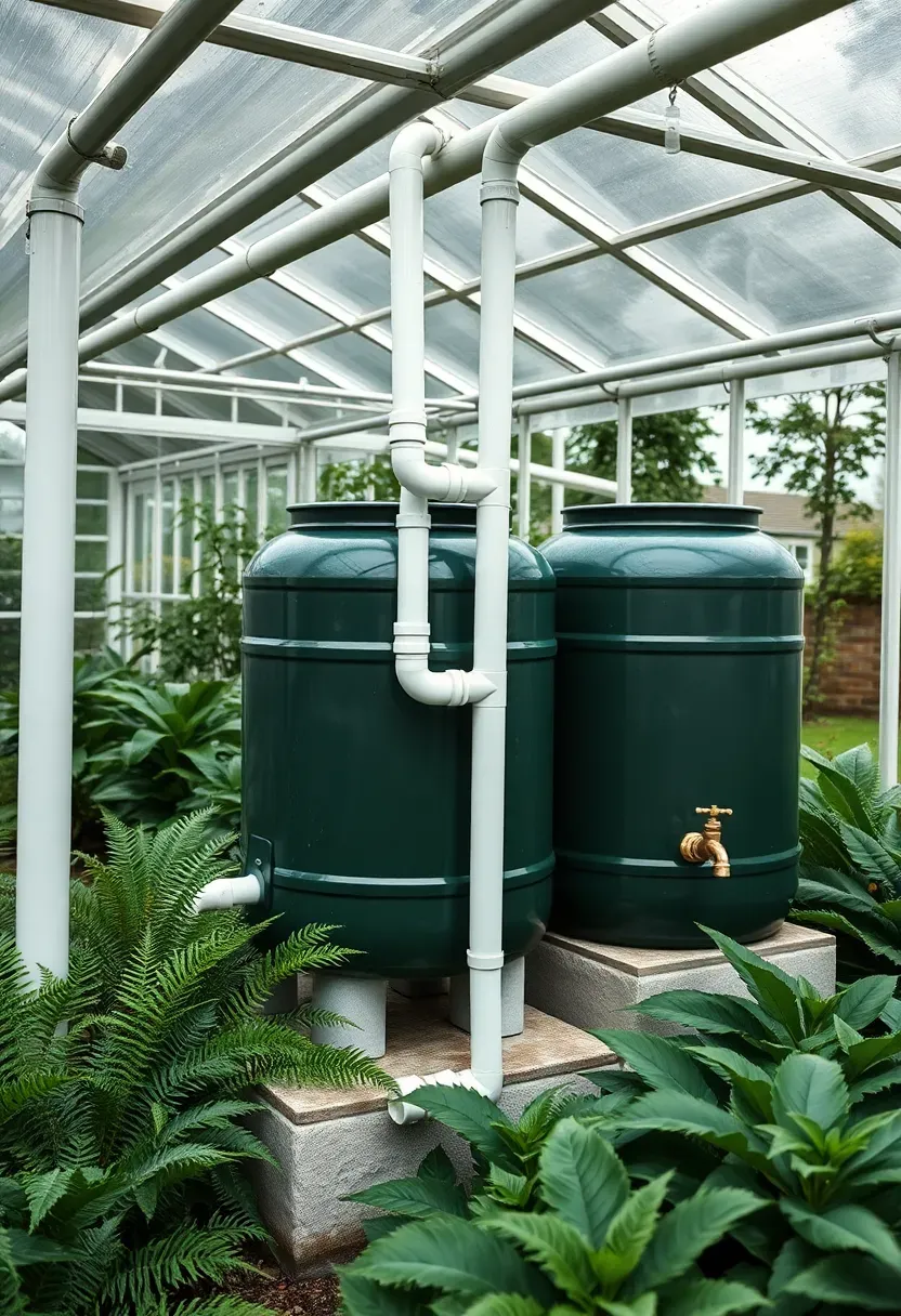A greenhouse with gutters and downspouts connected to a large rain barrel collection system in a lush garden setting