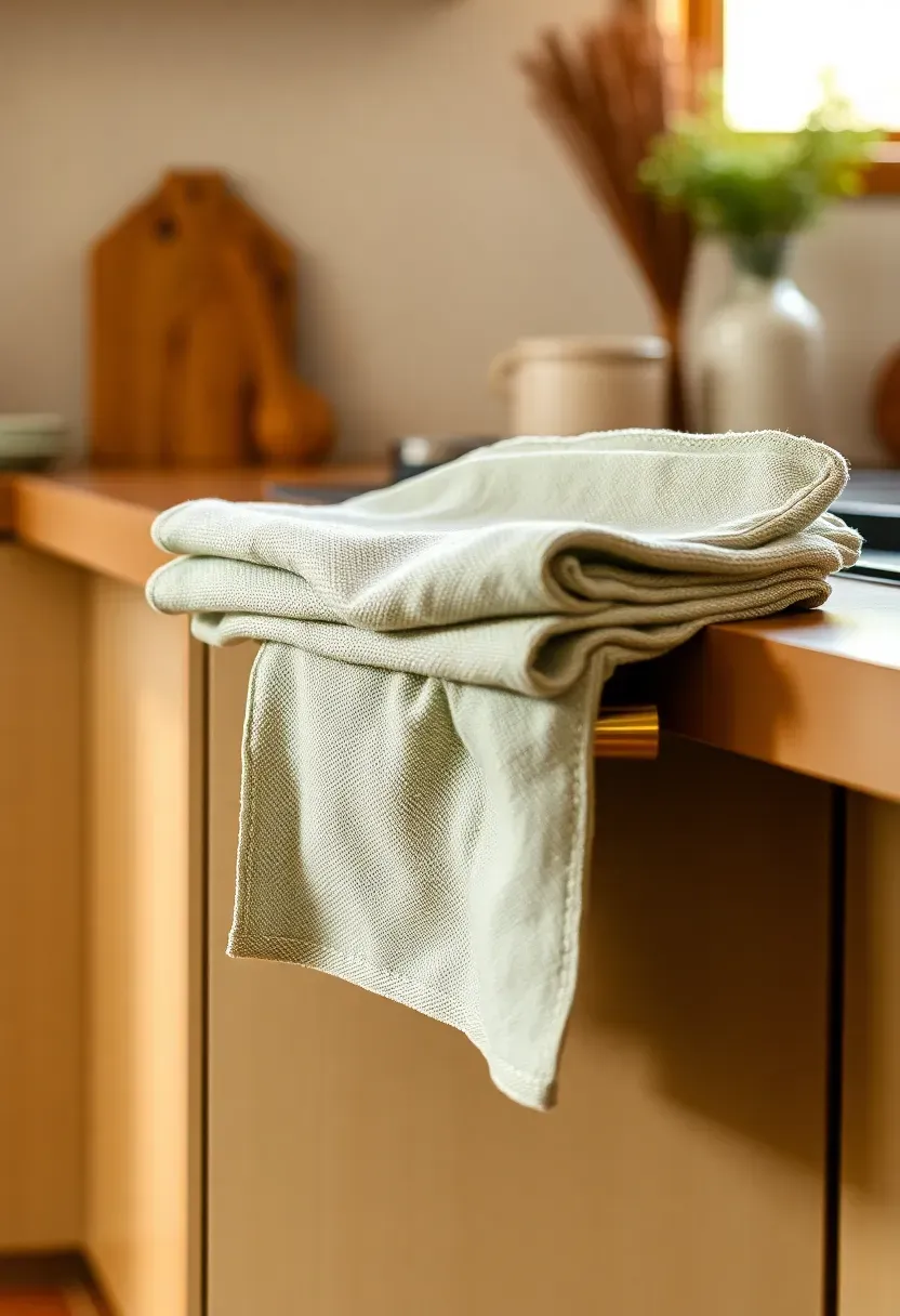 Kitchen counter with stack of folded natural linen tea towels in sage green and warm cream tones draped over an oven handle, morning light on terracotta tile floor