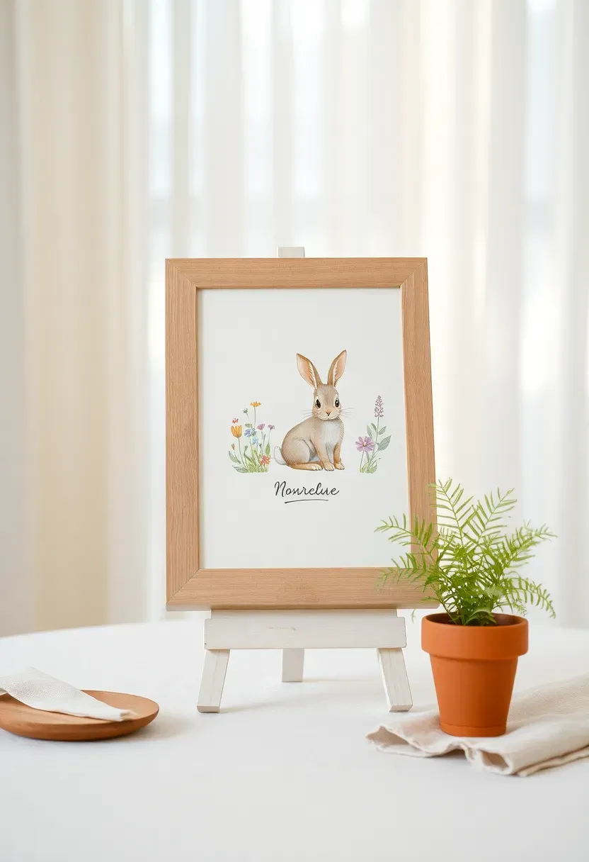 watercolor nursery art print used as a baby shower welcome sign featuring a soft animal illustration with baby shower details written below in a natural wood frame