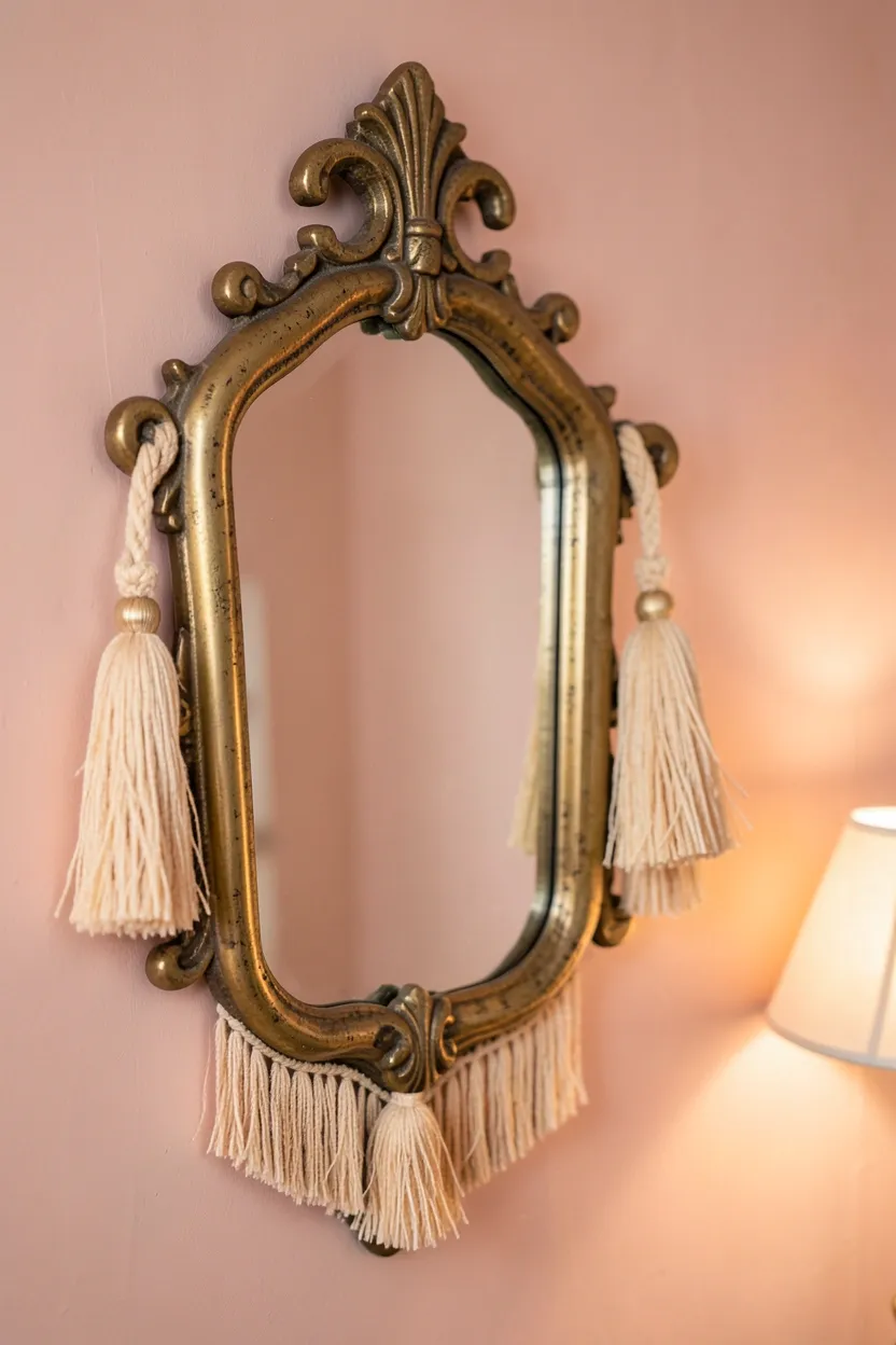 Ornate vintage brass sunburst mirror with decorative tassels hung on a boho bedroom wall reflecting warm natural light