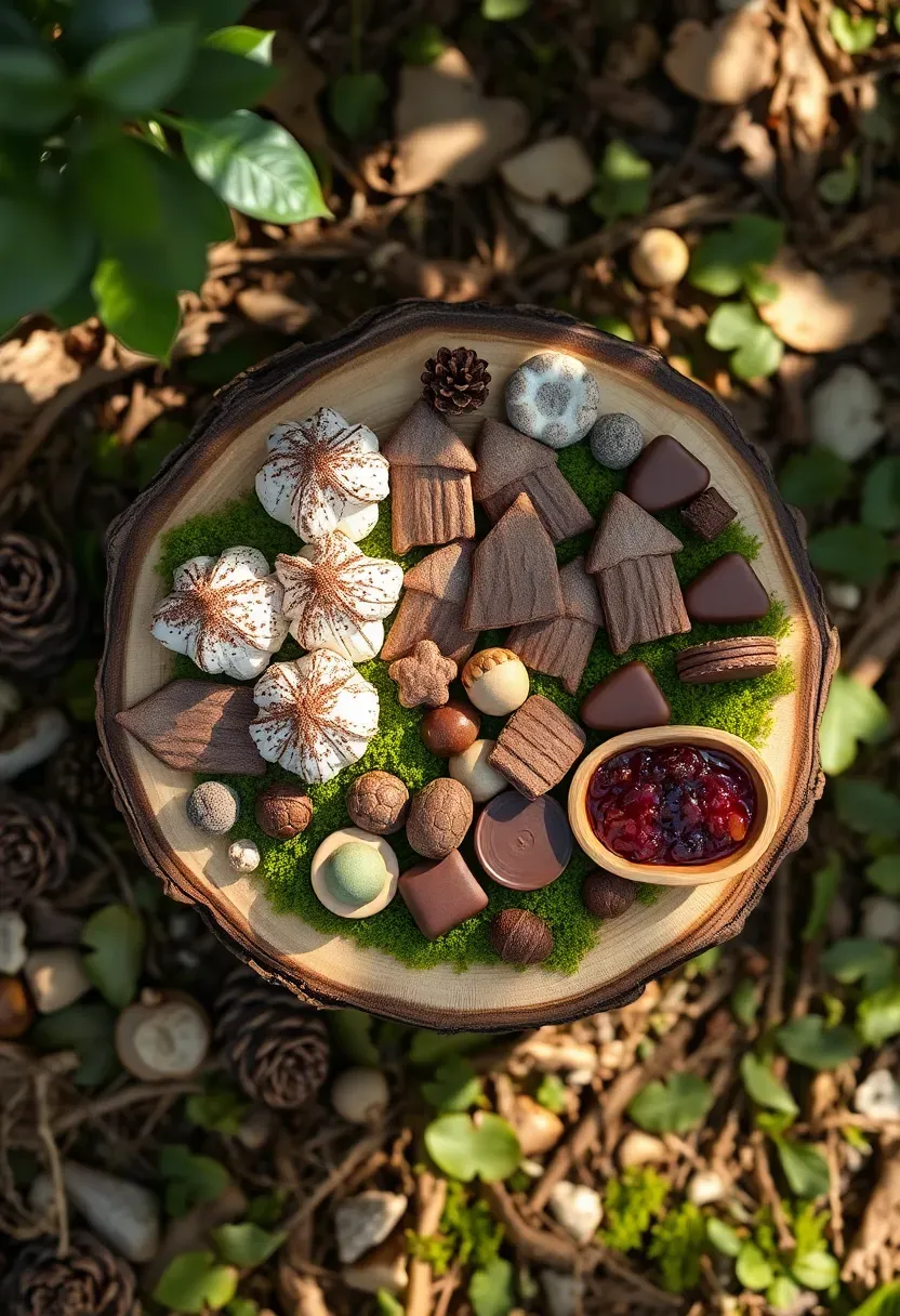 Forest fairy tale dessert board with woodland-inspired treats and natural decorative elements