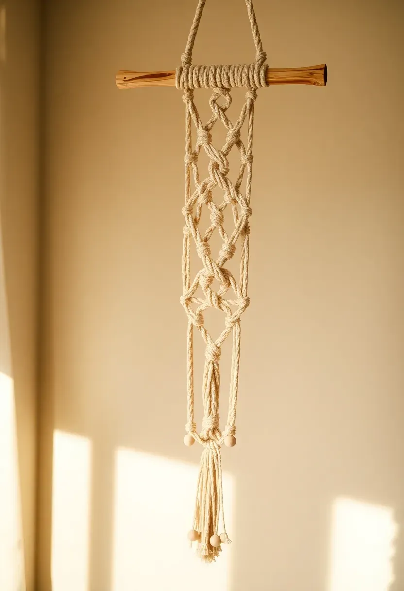 Handmade macramé wall hanging in natural cotton rope above a teen bed, boho bedroom decor with fringe details