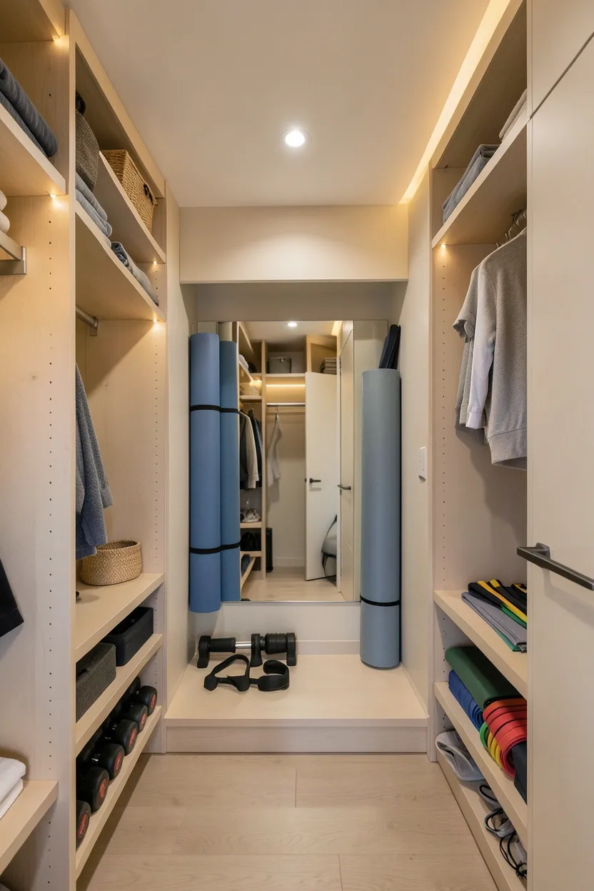 Walk-in closet converted into a compact home gym with wall mirror, fold-down bench, pegboard for resistance bands, and motion-sensor lighting