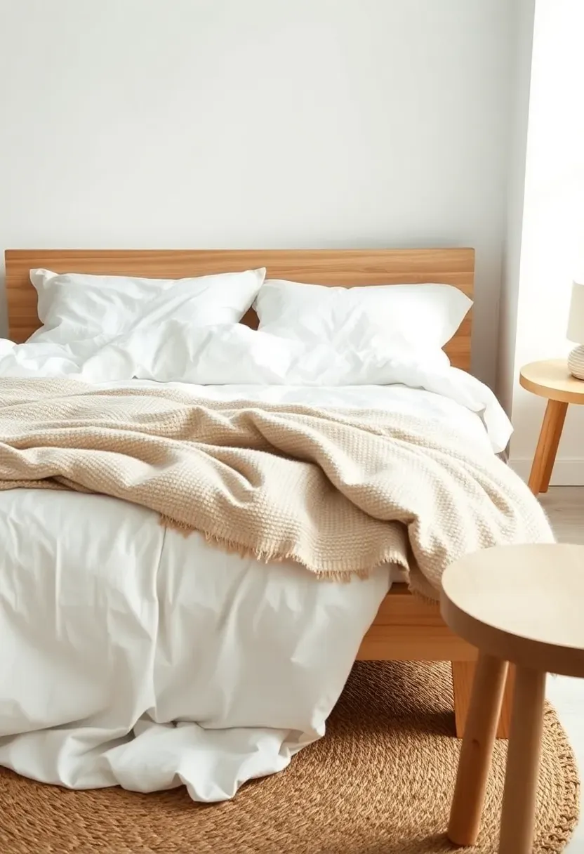 Light wood bed frame with linen bedding layers