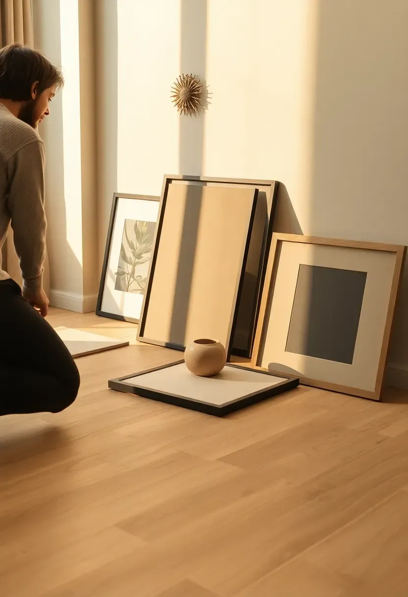 Framed prints and objects arranged on a light wooden floor in gallery formation — person crouching and adjusting positions, natural daylight from a window casting soft shadows across the pieces
