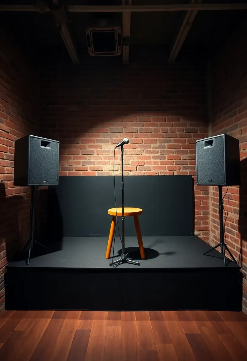 small stage setup in a basement with microphone stand speakers stool and exposed brick backdrop