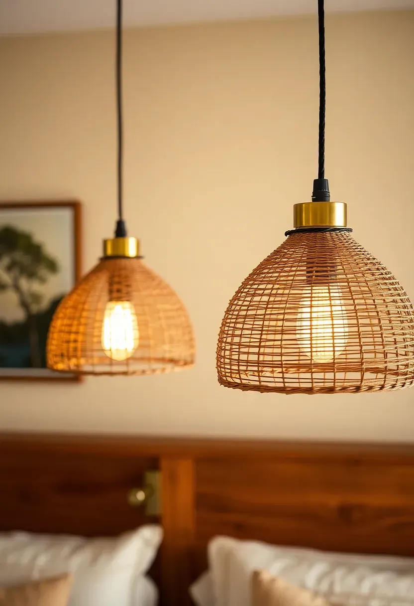 Hyper-realistic 3/4 view of two pendant lights with woven rattan shades suspended over nightstands. Materials: natural rattan weave, brass hardware, black cloth cord. Warm ambient light, bedroom context with wood headboard visible, cozy mood. Sharp focus on shade texture, visible room details. No text, no logos, no watermarks.</p>