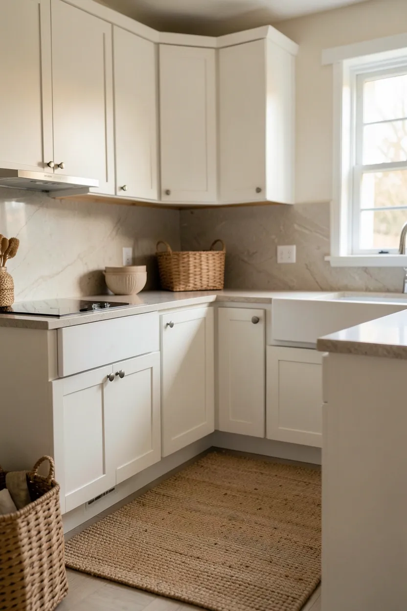 Layered neutral kitchen palette with cream linen textiles, matte wood cabinetry, honed stone countertops, and woven baskets in warm beige tones