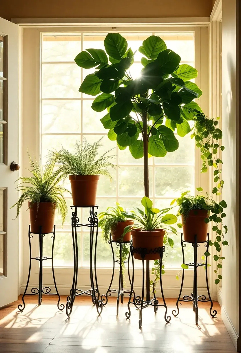 Cluster of wrought iron plant stands at varying heights with terracotta pots and leafy green plants in a bright farmhouse sunroom corner