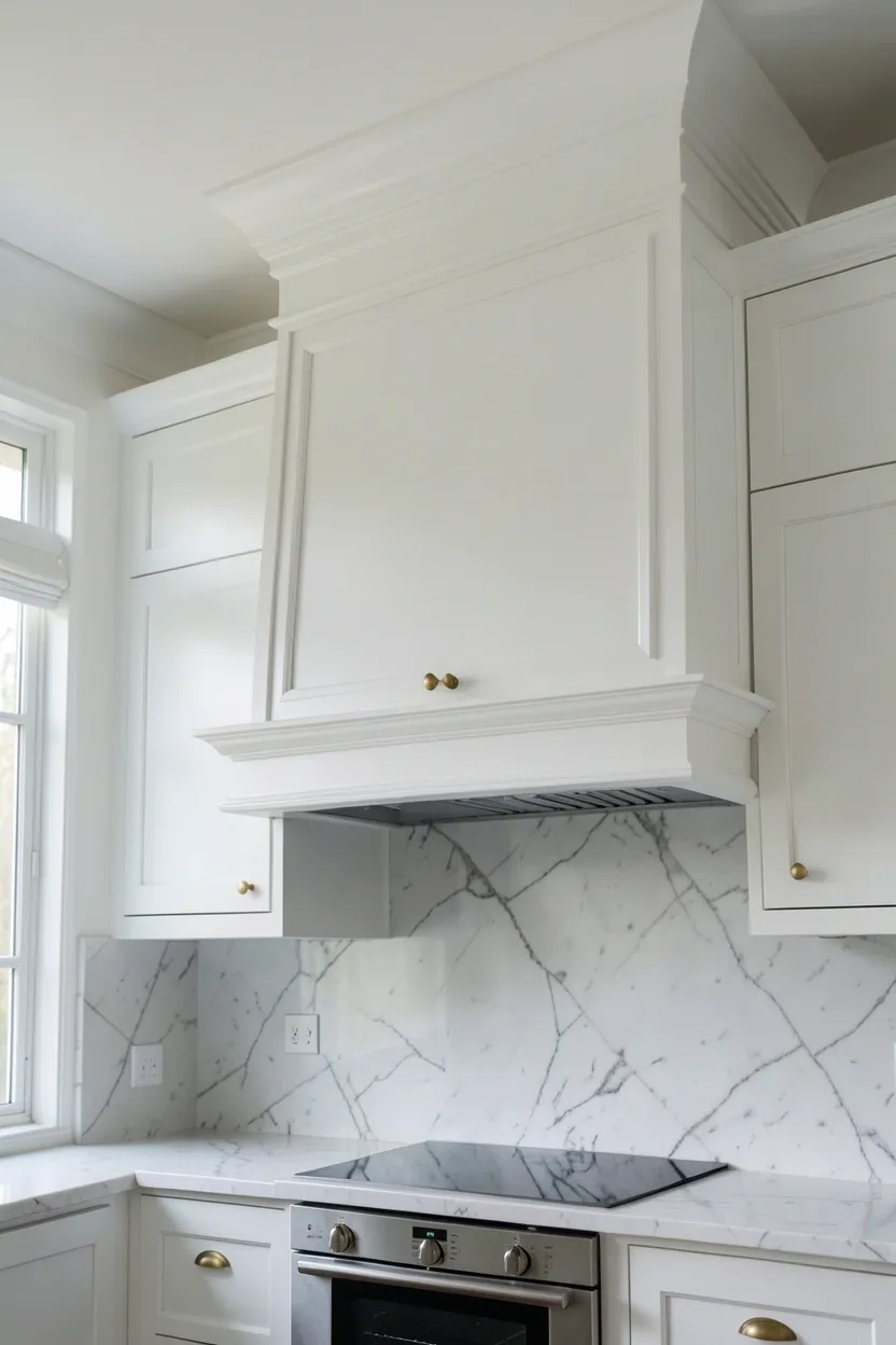 Hyper-realistic eye-level photograph of an elegant kitchen with a custom range hood. The hood has white shaker-style cabinetry that extends to the ceiling, with decorative crown molding at the top. The hood trim matches the surrounding upper cabinets with brass pulls visible on cabinet doors below. The hood frame has panel details and architectural molding. Marble backsplash and countertops below. Natural light from window. Materials: white painted wood, marble, brass. Architectural and elegant mood. Sharp focus on the hood molding and trim details. No text, no logos, no watermarks.</p>