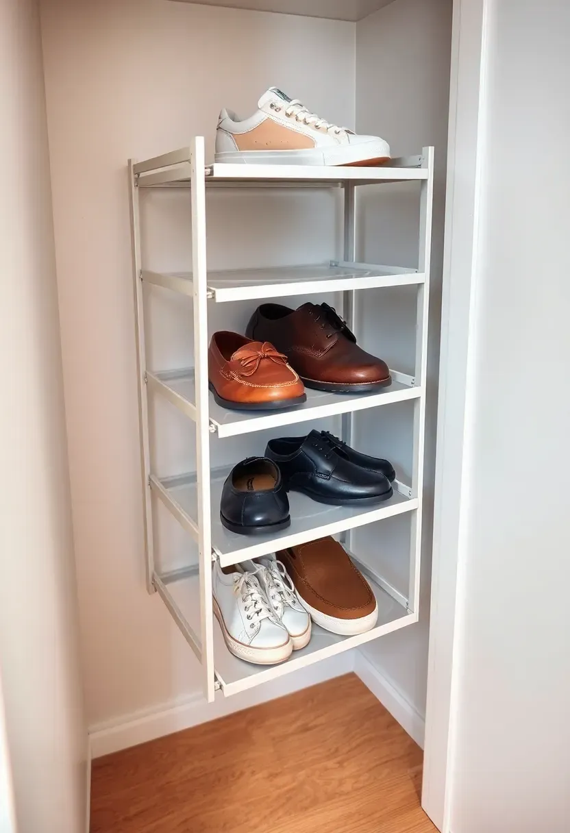 Narrow pull-out shoe rack inside a closet with angled shelves displaying sneakers and dress shoes in neat rows against a white interior wall