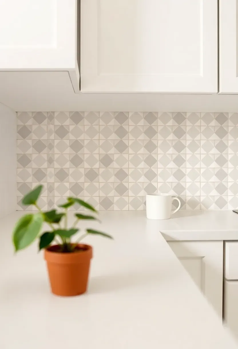 peel-and-stick geometric tile backsplash in a neutral rental kitchen transformation