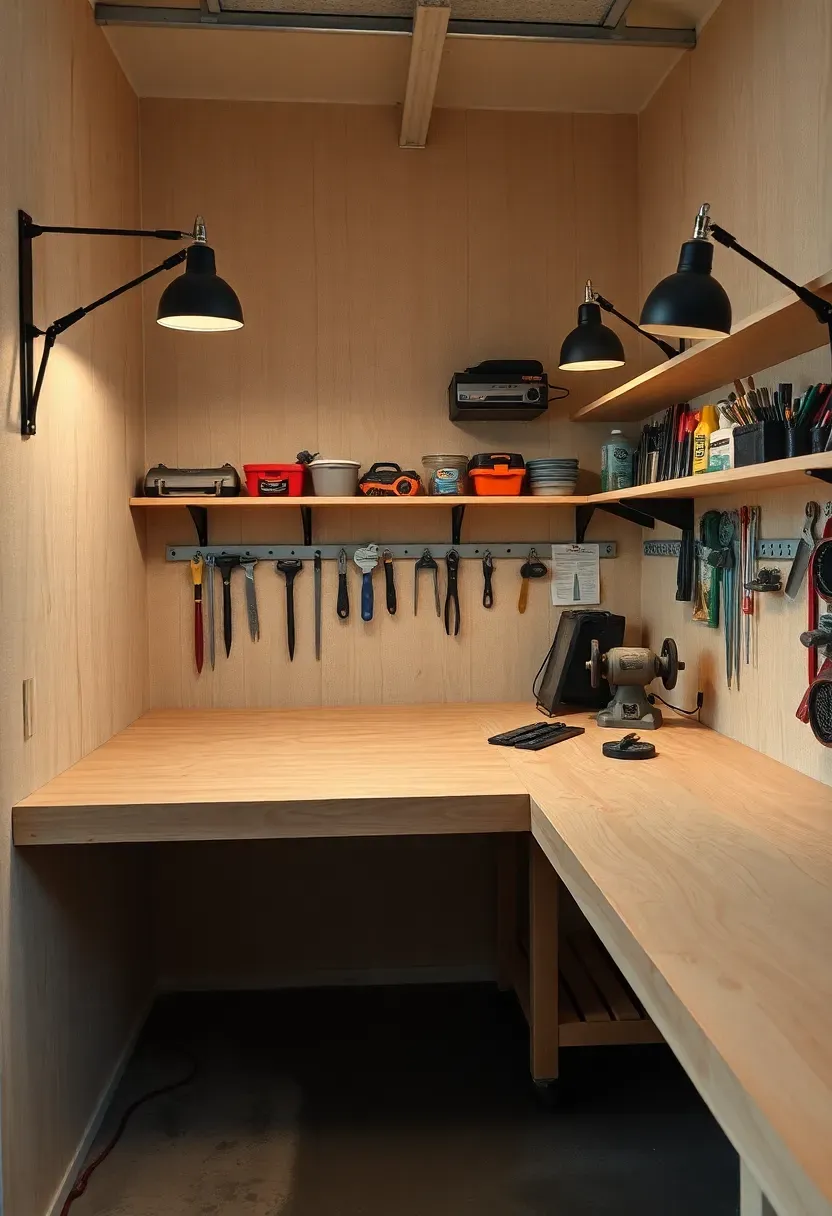 Garage workshop with an L-shaped workbench running along two walls with overhead task lighting and organized shelves