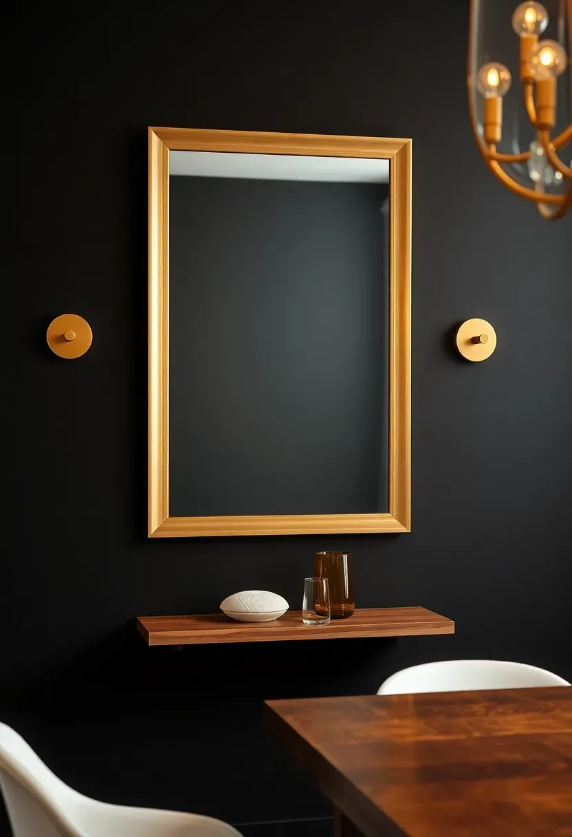 Contemporary dining room with a dramatic matte black accent wall showcasing a minimalist gold-framed mirror and floating wooden shelf