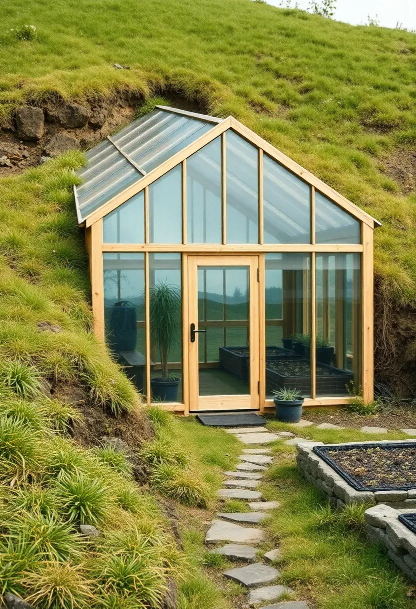 A greenhouse built into a grassy hillside with its front face fully glazed and earth covering the sides and rear