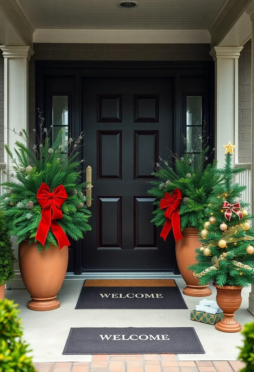 Hyper-realistic wide shot of a home's front entrance with dark wood door featuring glass panels, flanked by two large terracotta planters with evergreen arrangements in multiple green shades, bright red velvet bows on each planter, white sparkle branches, frosted pinecones, small emerald green pre-lit tabletop tree to the right wrapped in white lights with gold star topper, welcome mat with evergreen motif, covered porch with white columns. Materials: fresh evergreen boughs, velvet ribbon, terracotta, LED lights. Soft overcast daylight providing even natural lighting, subtle shadows showing depth. Grand welcoming mood. Shallow depth of field with door and planters sharp, showing full porch and home exterior context including walkway and landscaping. No text, no logos, no watermarks.</p>