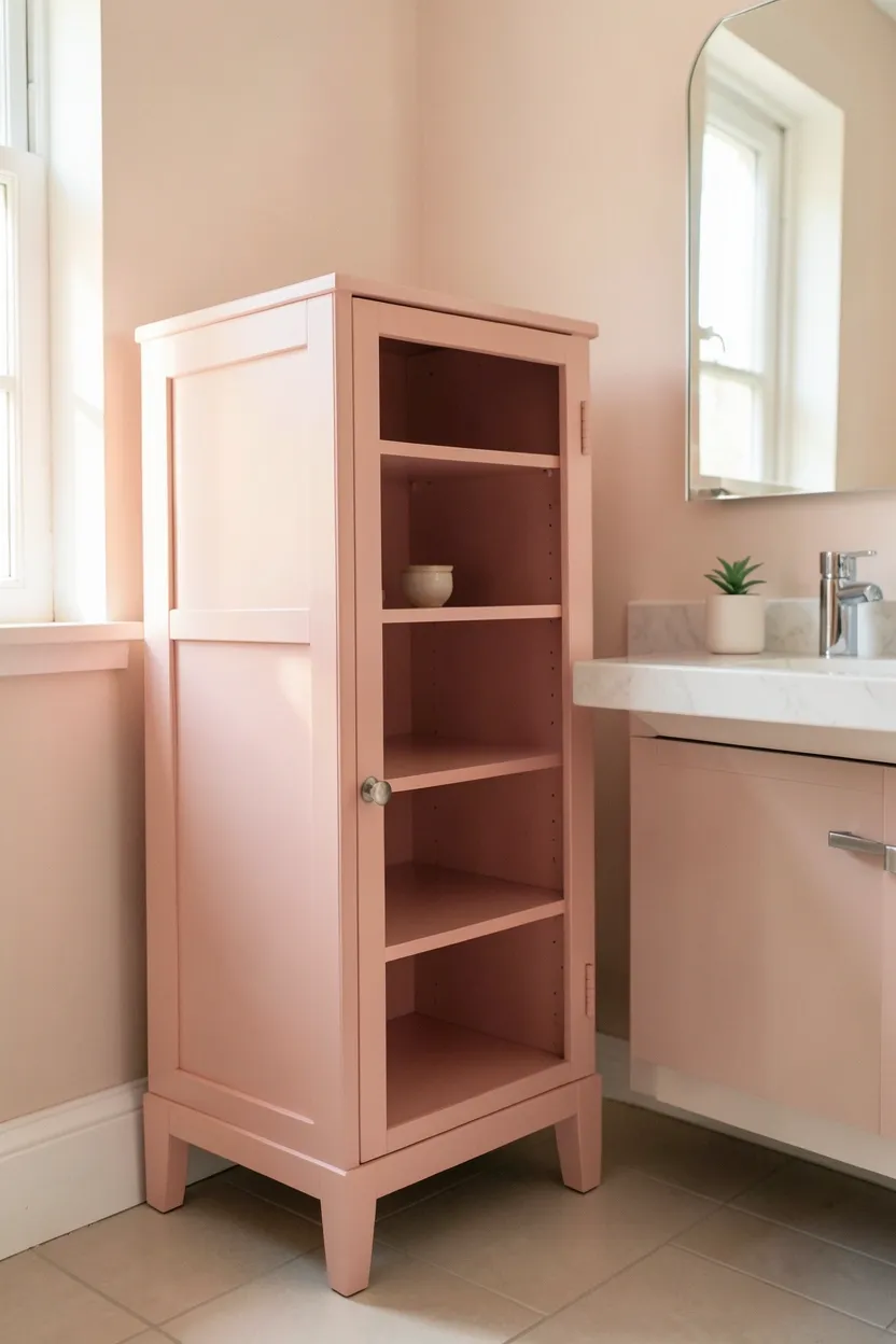 Blush pink bathroom storage cabinet with adjustable shelves near toilet, functional pink decor organizing towels and toiletries
