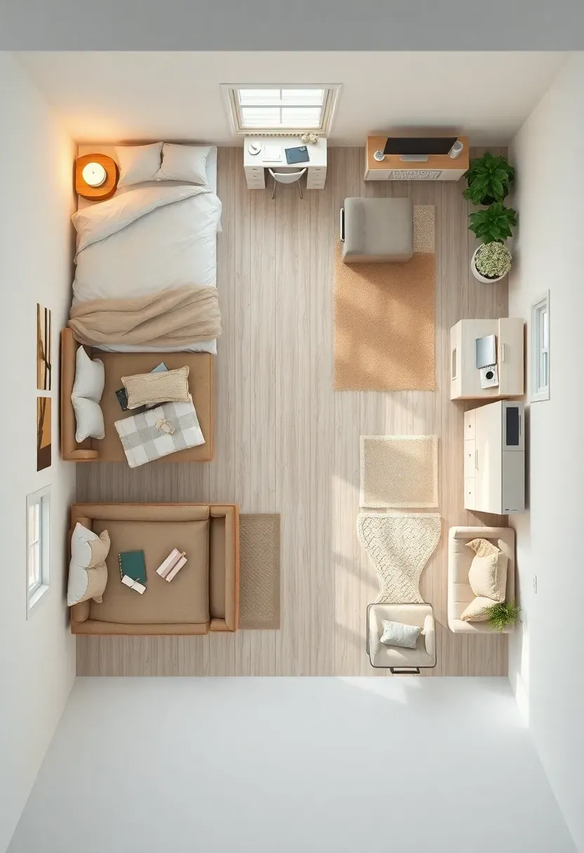 Hyper-realistic overhead plan view of a tiny house layout with labeled zones—sleeping, working, cooking, relaxing—circulation paths marked. Materials: white oak floors, matte white walls, linen furniture, simple layout. Warm diffused top-down light, creamy neutrals with clear zoning. Mood: planned, logical, efficient. Shallow depth of field, sharp details, balanced composition, soft shadows, visible room context. No text, no logos, no watermarks.</p>