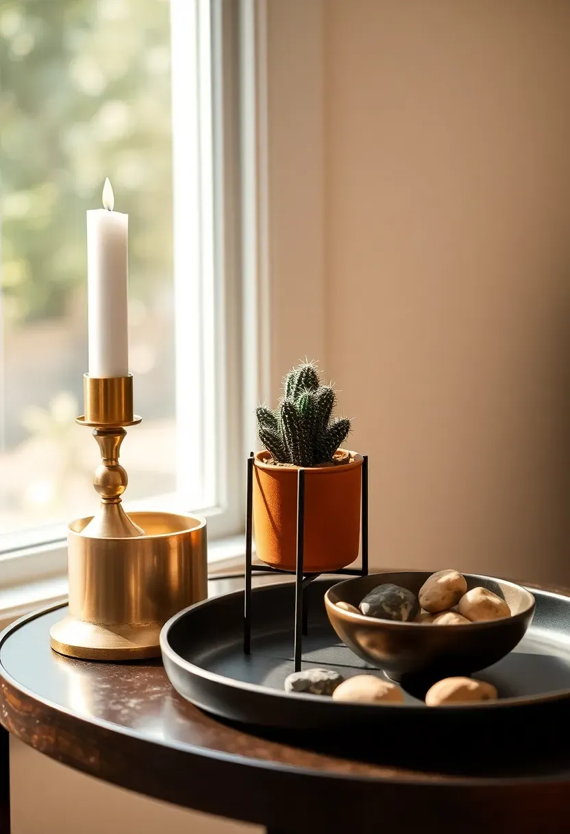 mixed metal accents in brass and black in a sunroom with lamp hardware and plant stands