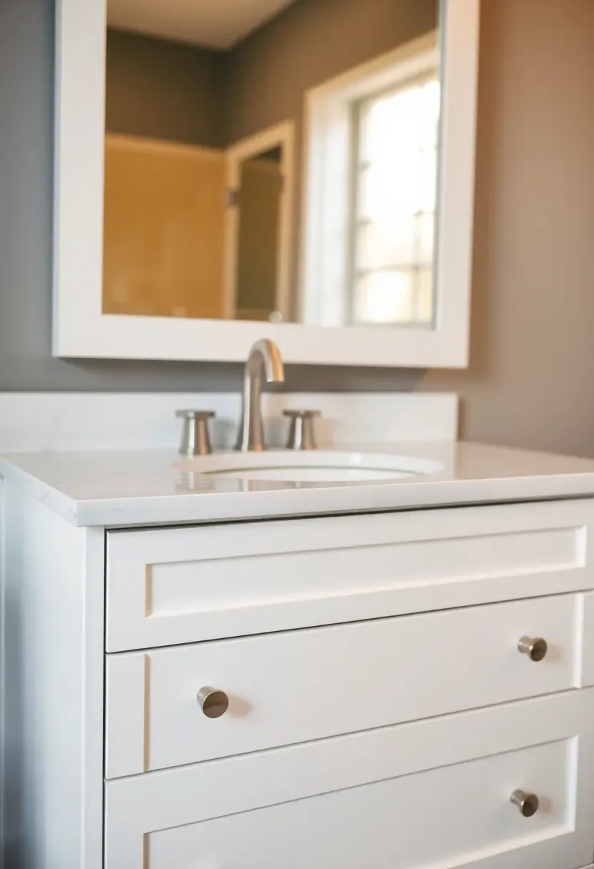 Bathroom vanity cabinet painted navy blue with new brushed brass hardware — DIY cabinet refresh on a budget