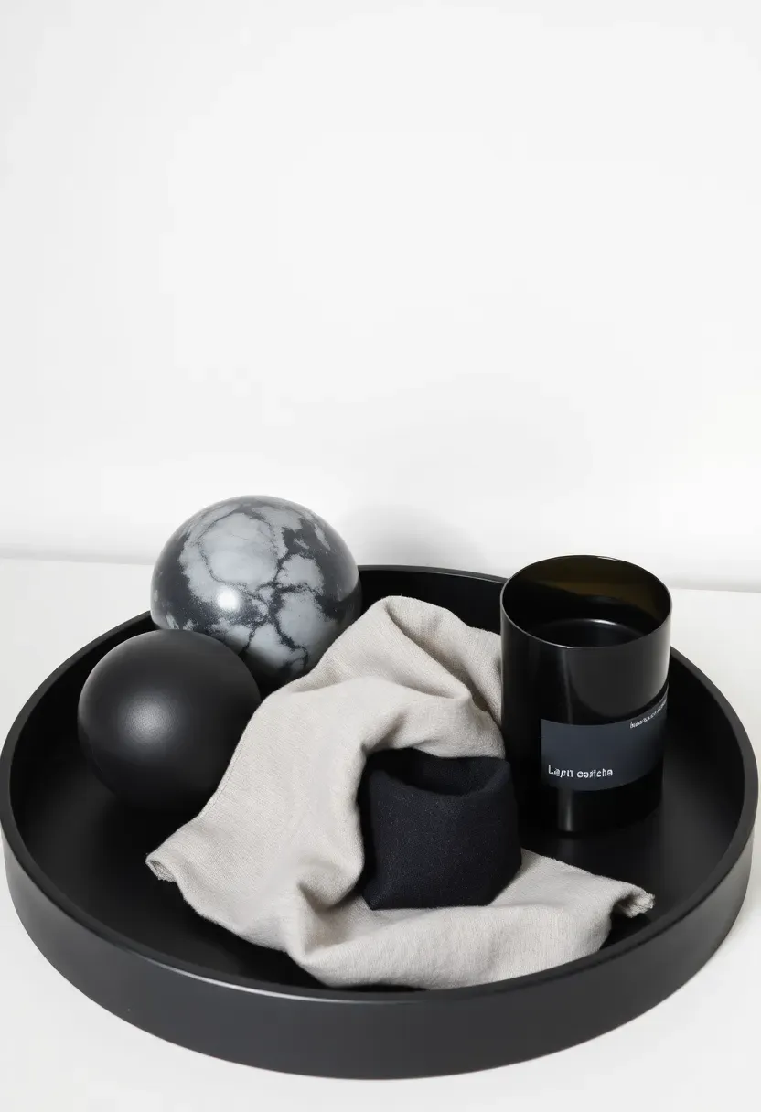 Boho eclectic round rattan tray with a tassel keychain, small ceramic incense holder, woven mini basket, and colorful postcard stack