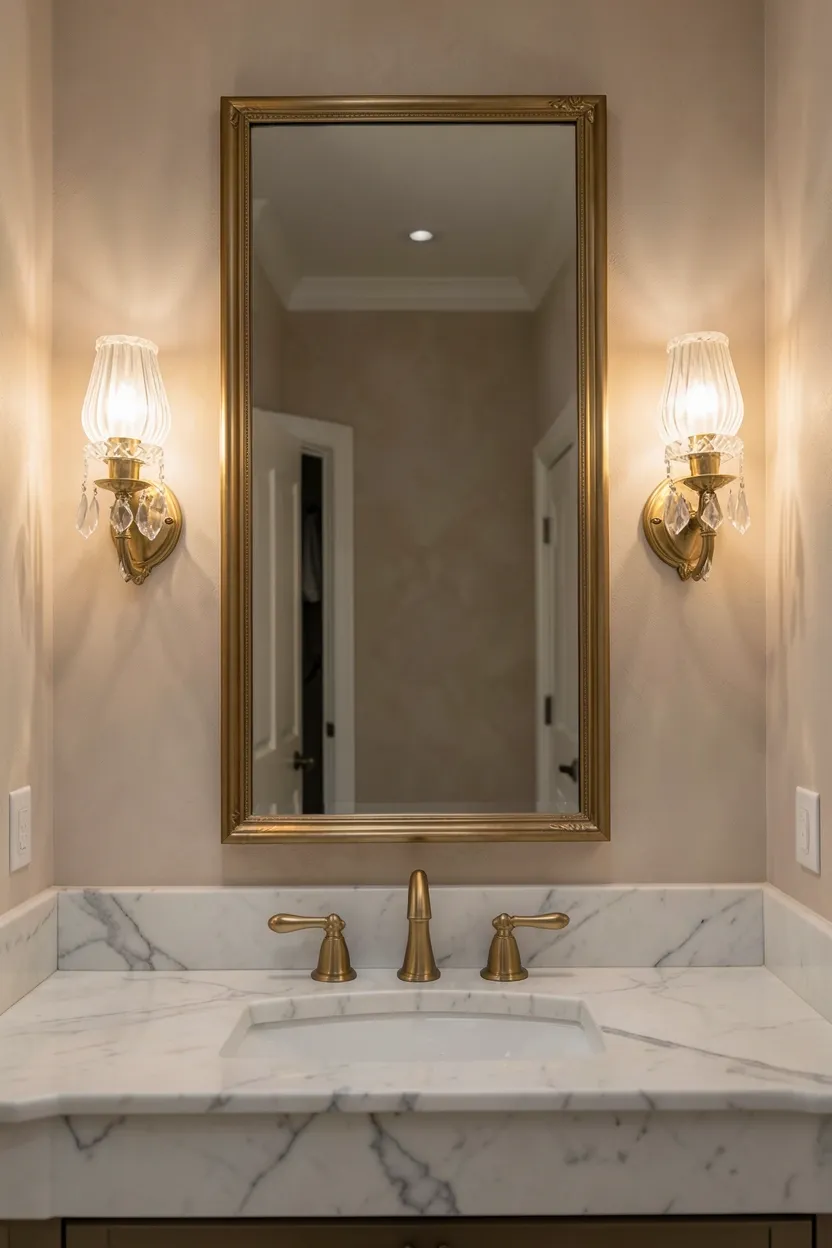 Pair of brass wall sconces flanking a large vanity mirror providing flattering symmetrical lighting in an elegant bathroom
