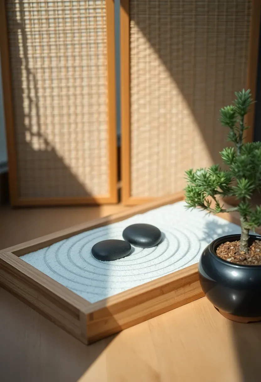Compact balcony zen garden corner with a shallow wooden tray of raked sand, two smooth stones, a small bamboo fence panel, and a miniature bonsai juniper
