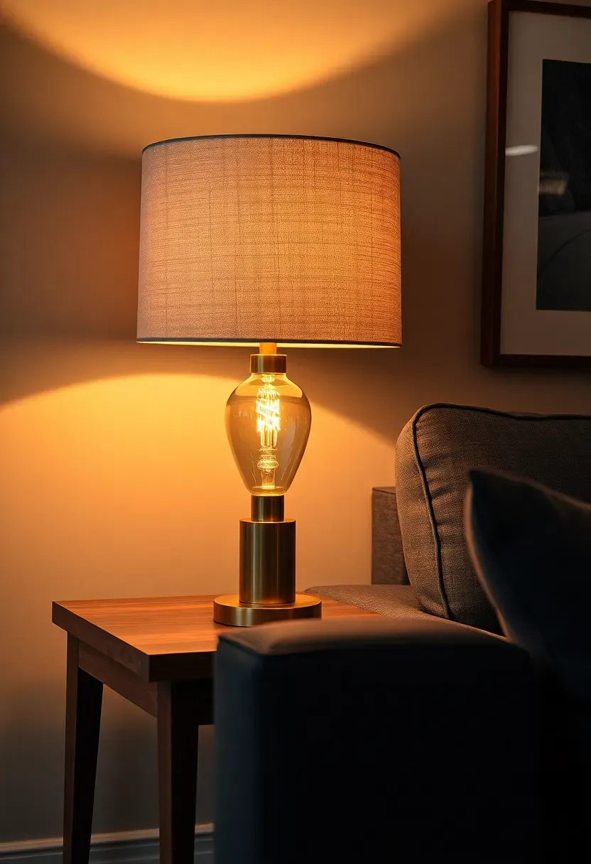 Elegant table lamp with warm linen shade on a wooden side table next to a rental apartment sofa