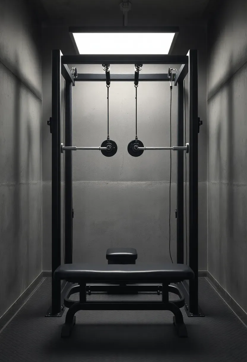 Compact functional trainer cable machine set into a basement corner with dual adjustable pulleys and a flat bench in front