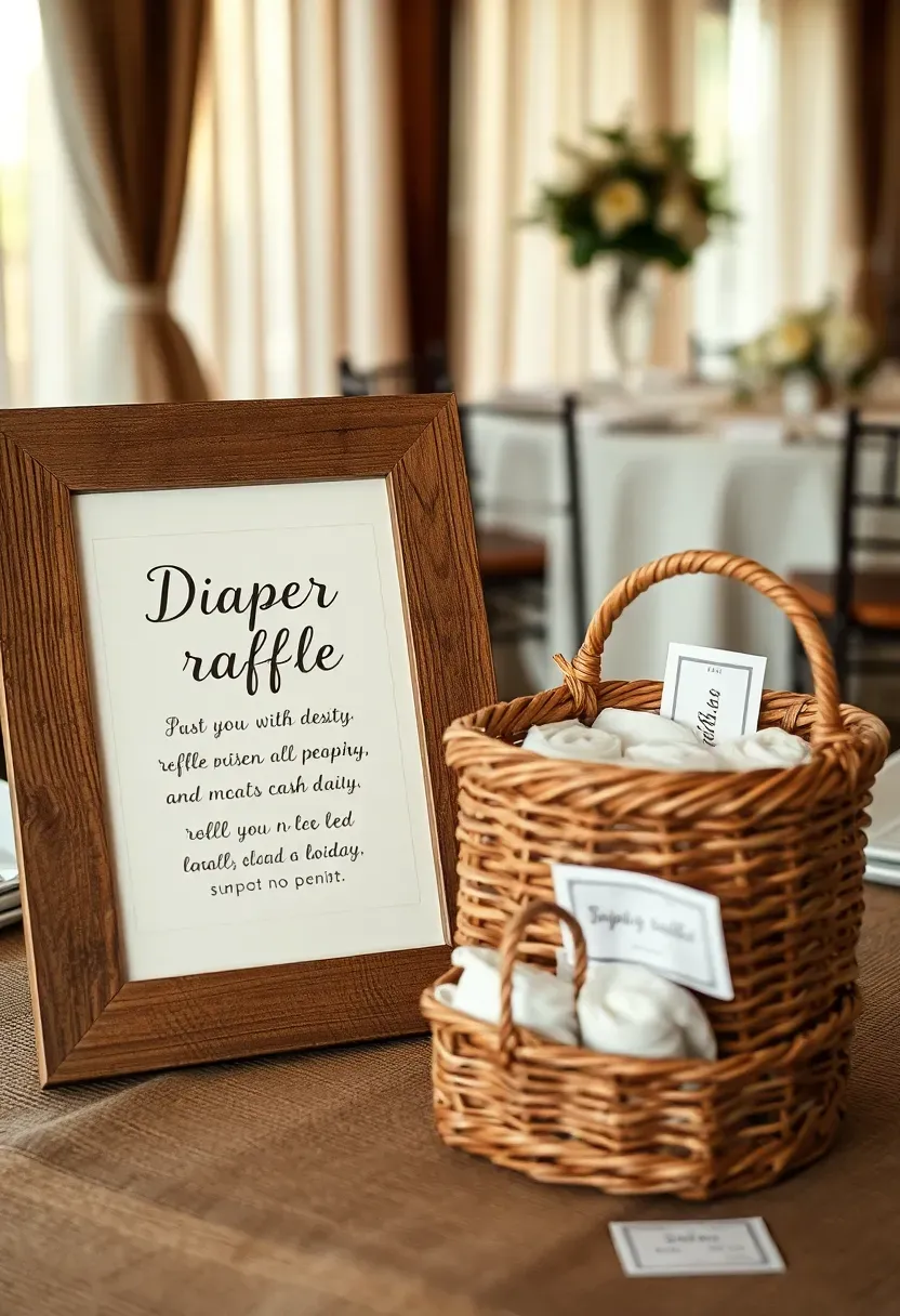 diaper raffle instruction sign in a rustic wooden frame with hand lettered text explaining the game beside a basket of folded diapers and raffle tickets