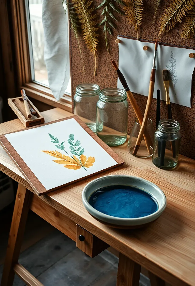 She shed watercolor atelier with tilted oak drafting table, botanical watercolor in progress, ceramic water dish with raw sienna and prussian blue, glass brush jars, pressed ferns on corkboard