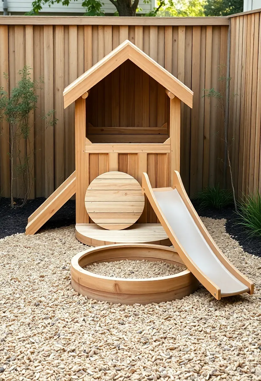 Hyper-realistic 3/4 view of minimalist backyard corner with small wooden play structure, circular sandbox with lid, small slide, natural wood chips ground cover. Materials: cedar wood, natural playground mulch, simple slide. Soft natural daylight, integrated with garden landscaping. Clean uncluttered aesthetic. Medium depth of field. No text, no logos, no watermarks.</p>