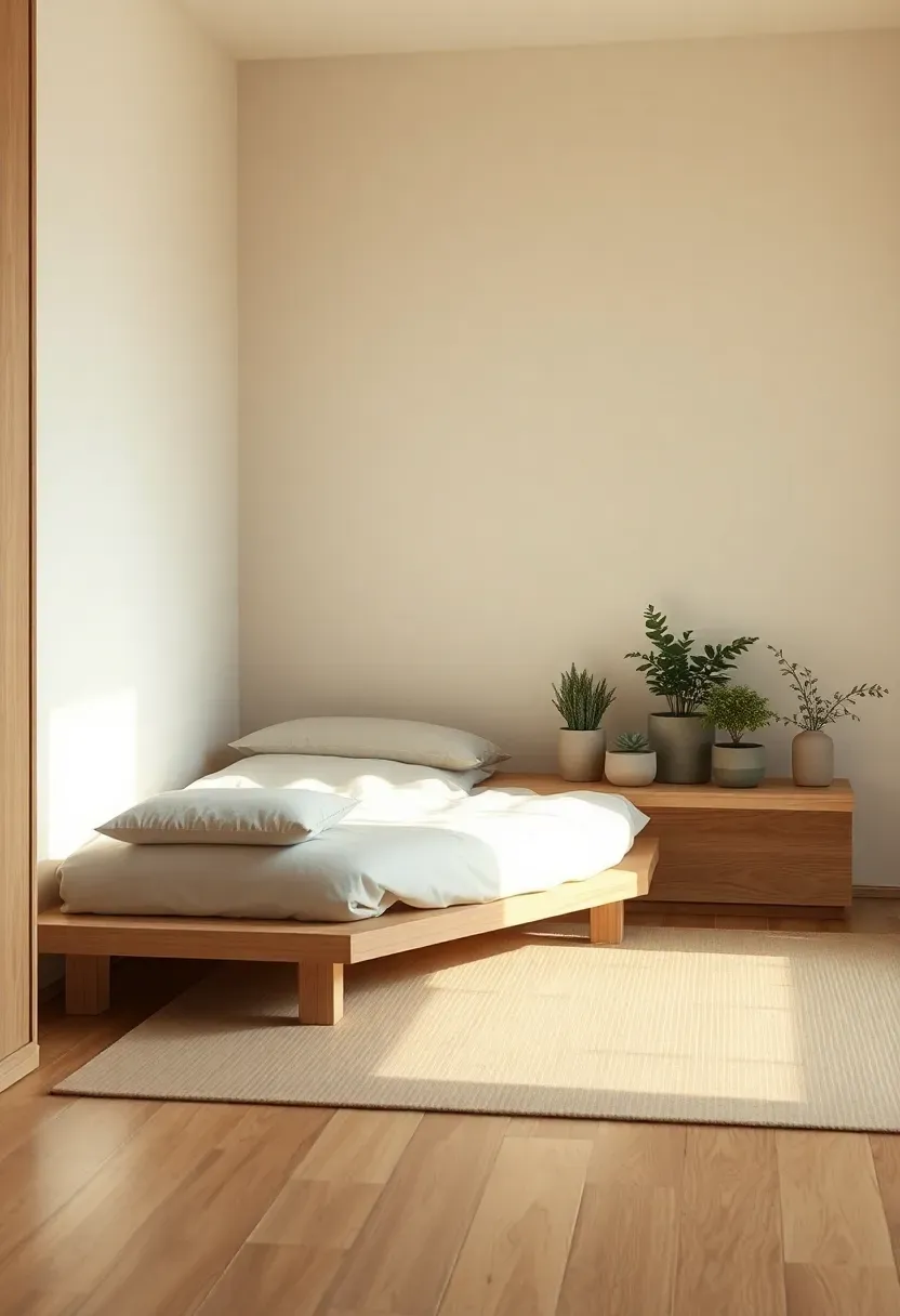 Tatami-style platform with clustered plants at the perimeter