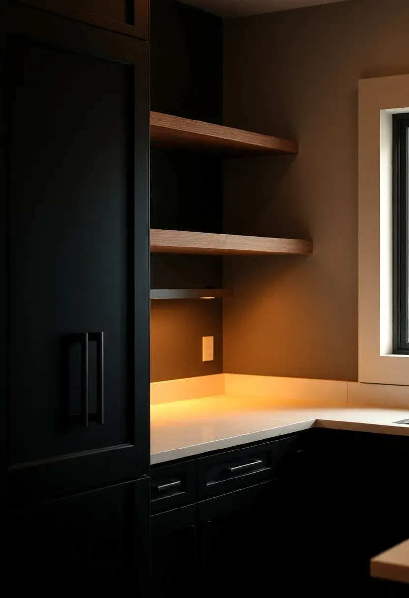 warm matte black kitchen cabinets with natural wood open shelving